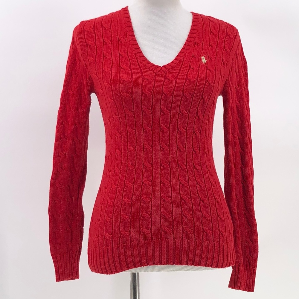 Ralph Lauren Red Cable Knit V-Neck Sweater